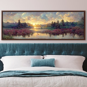 Forest Lake Sunset Art, Oil Landscape Painting On Canvas by Mela - Large Gallery Wrapped Canvas Wall Art Prints With/Without Floating Frames