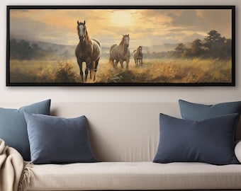 Horses On The Meadow In The Sunrise, Wall Art Painting On Canvas By Mela - Large Panoramic Canvas Art Prints With Or Without Floating Frames