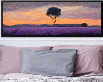 Lavender Fields At Sunset, Oil Landscape Painting On Canvas By Mela - Large Wrapped Canvas Wall Art Prints With Or Without Floating Frames