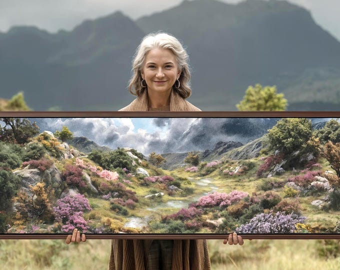 Mossy Scottish Heath Framed Canvas Print: Panoramic Mountain Landscape Wall Art