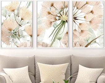 Dandelion wall art, watercolor flowers painting - set of 3 ready to hang large botanical canvas wall art prints with or without float frames