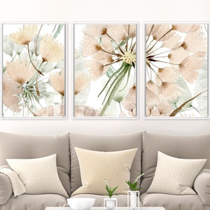 Dandelion wall art, watercolor flowers painting - set of 3 ready to hang large botanical canvas wall art prints with or without float frames