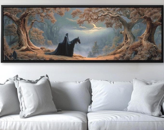Dark Rider Black Magic Panoramic Canvas Print: Gothic Fantasy Dark Academia Wall Art