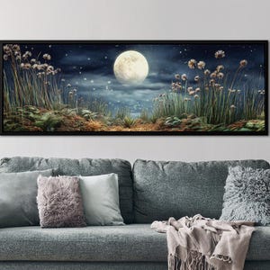 Cuadro Prado Nocturno con Luna – Lienzo Paisaje de Noche, Campo de Luciérnagas, Decoración Natural