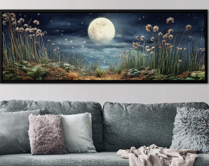 Moon Over Meadow Panoramic Wall Art | Dark Academia Night Landscape | Full Moon Canvas Print | Midnight Blue Bedroom Decor, Whimsical Nature