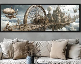 Steampunk Industrial Panoramic Canvas Print - Floating Cityscape