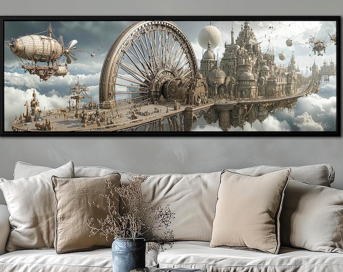Steampunk Industrial Panoramic Canvas Print - Floating Cityscape