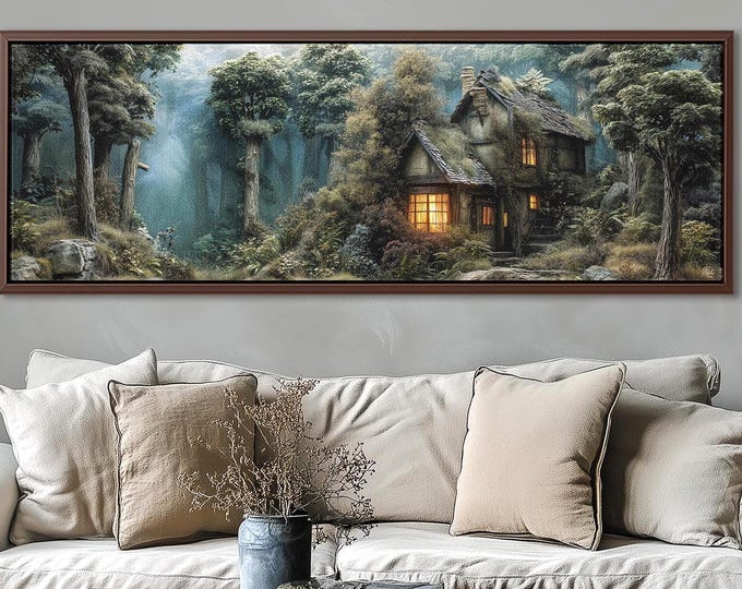 Baba Yaga Cottage Panoramic Canvas Print: Witchy Wall Art for Fantasy Book Lovers