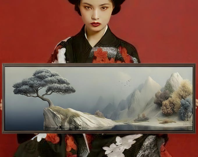 Zen Landscape Minimalist Canvas Print: Japanese Tree Serene Mountain Wall Art