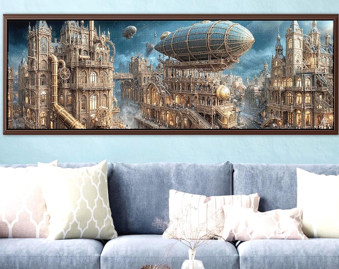 Steampunk Floating City Panoramic Canvas Print: Industrial Sci-Fi Urban Wall Art