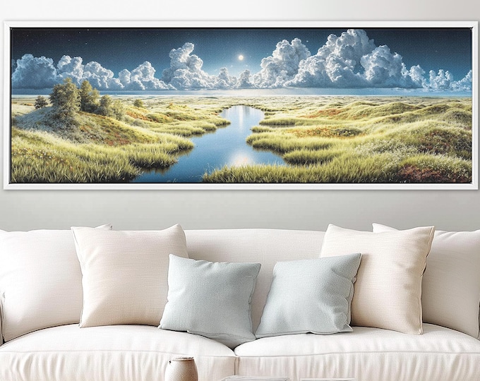 Moody Nature Wall Art – Panoramic Moonlit Meadow Canvas Artwork