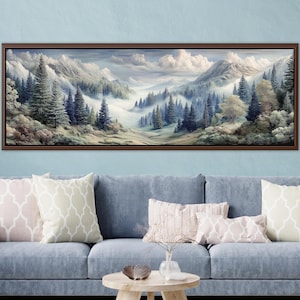 Moody Forest Panoramic Canvas Print: Dark Pine Trees Foggy Landscape Rustic Cabin Wall Art