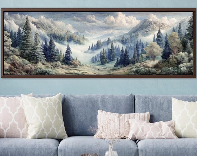 Moody Forest Panoramic Canvas Print: Dark Pine Trees Foggy Landscape Rustic Cabin Wall Art