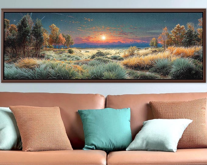 Meadow Sunset Panoramic Canvas Print: Vibrant Nature Landscape Farmhouse Wall Art
