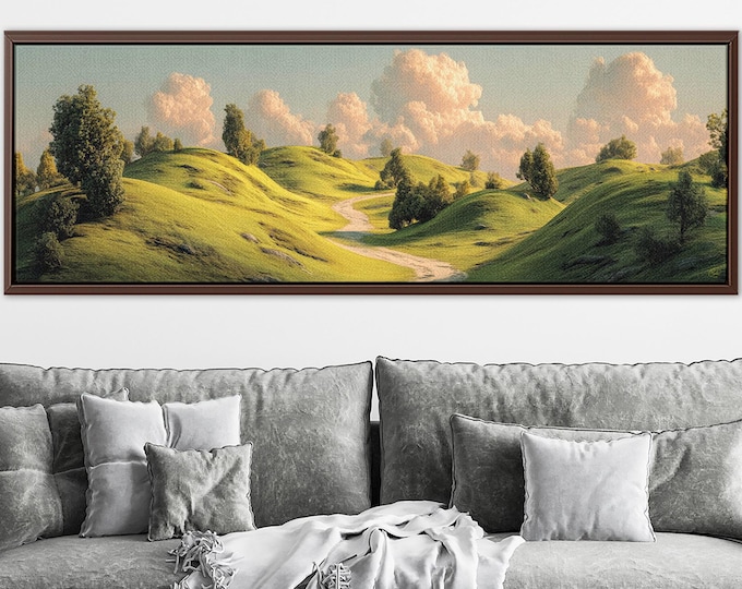 Large Nature Wall Art – Green Meadow and Rolling Hills Panoramic Canvas