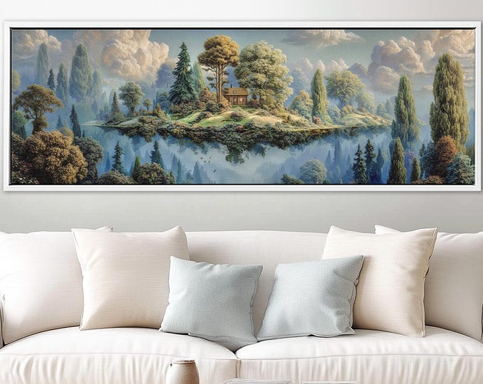 Panoramic Forest Canvas Print – Fantasy Wall Art, Cottagecore Decor, Surreal Nature Art Above Sofa