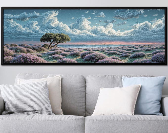Coastal Lavender Field Canvas – Panoramic Beach Landscape Wall Art Print