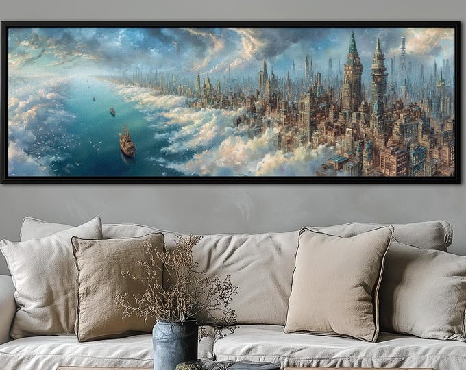 Steampunk Fantasy City Canvas – Panoramic Surreal Landscape Wall Art