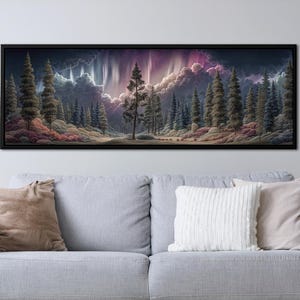 Polarlicht Waldbild – Panoramaleinwand Nachtwald, Sternenhimmel Kunst, Nordische Deko