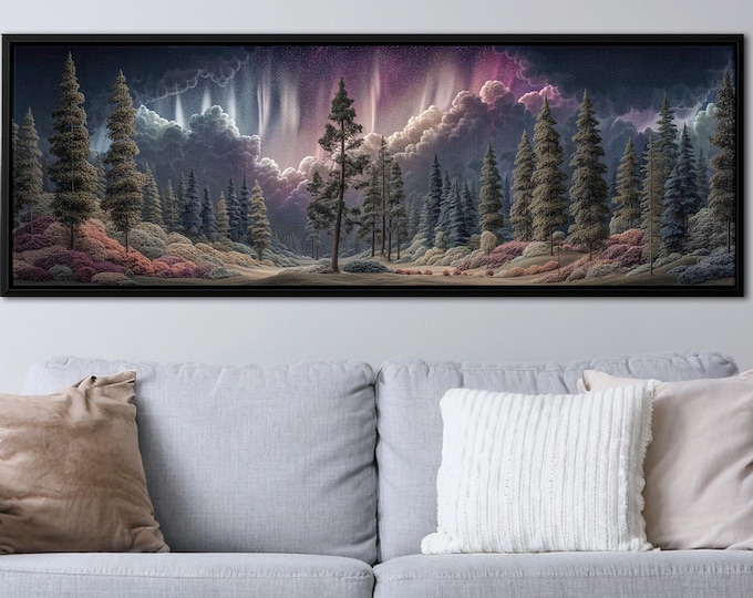 Northern Lights Forest Canvas – Panoramic Aurora Wall Art with Pine Trees