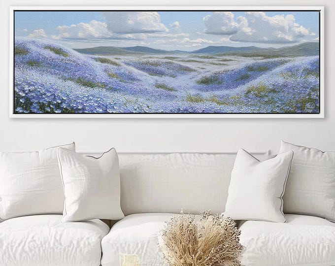 Hill of Nemophila -Baby Blue Eyes Flowers - Meadow Landscape Framed Canvas Print