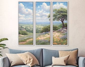 Extra Large Wall Art, Landscape Painting Of Tree On The Hill. 3 Piece Vertical Oil Paintings Printed on Canvas With/Without Floating Frames.