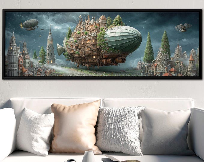 Steampunk Airship Artwork on Canvas – Industrial Sci-Fi Panoramic Wall Decor