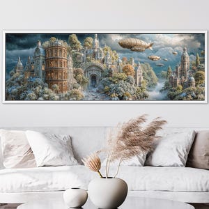 Canvas Steampunk-stadsgezicht – Surrealistische Victoriaanse fantasy-muurkunstafdruk