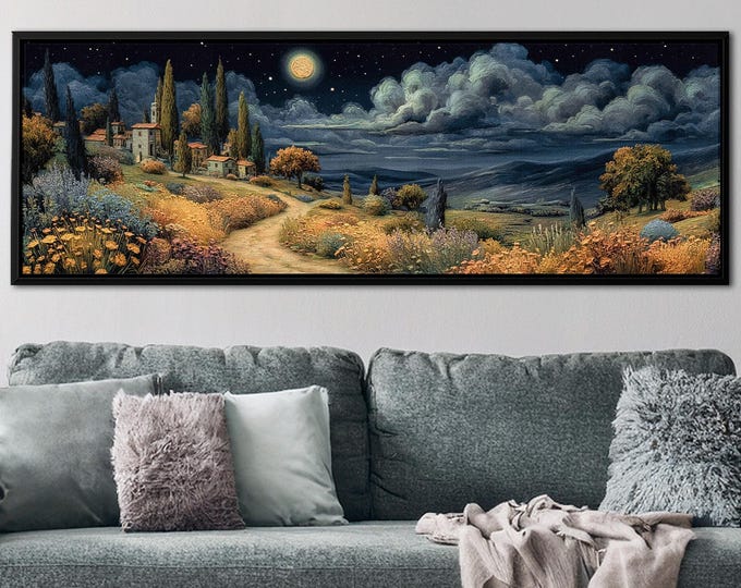 Tuscany Night Panoramic Canvas: Rustic Italian Countryside Wall Art