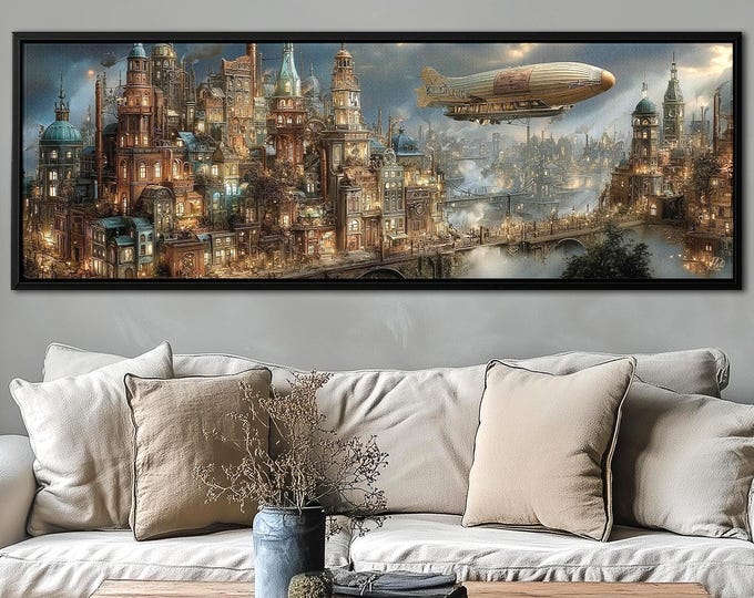Steampunk Airship Panoramic Canvas Print: Industrial Dark Academia Decor