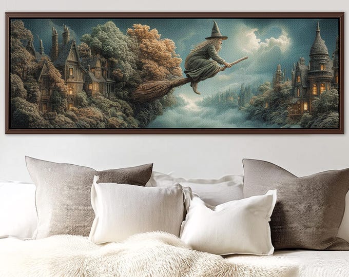 Witch Panoramic Canvas Print: Baba Yaga Riding a  Broomstick Dark Cottagecore Decor