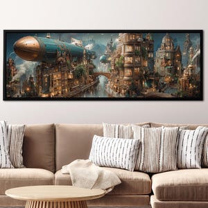 Surrealistisch steampunk-panoramisch canvas: industrieel cyberpunkdecor