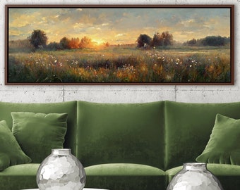 Meadow Sunset Wall Art, Oil Landscape Painting On Canvas By Mela - Large Gallery Wrapped Canvas Art Prints With Or Without Floating Frames.