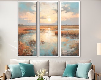 Set Of 3 Prints Of The Sunrise Over The Coast. Large Framed Wall Art, Landscape Oil Paintings Printed on Canvas With/Without Floating Frames