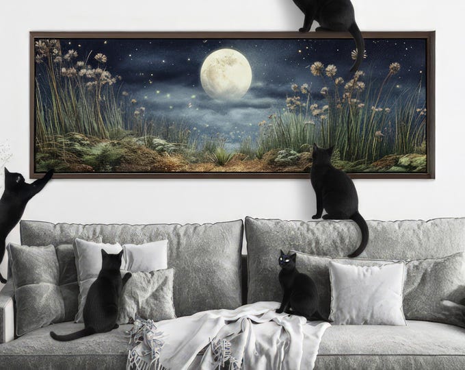 Moon Over Meadow Panoramic Canvas Print: Night Landscape Dark Academia Wall Art