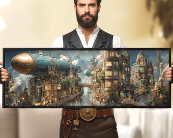 May include: A framed print showcasing a steampunk city with airships and intricate architecture. The artwork uses a palette of blues, browns, and golds. The black frame surrounds the detailed fantasy scene, creating a striking visual.