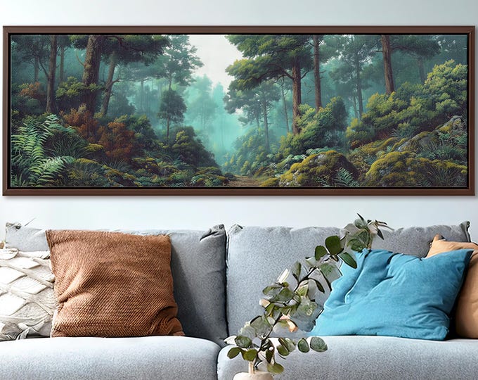 Framed Forest Panoramic Canvas Print: Teal Trees & Ferns Nature Wall Art