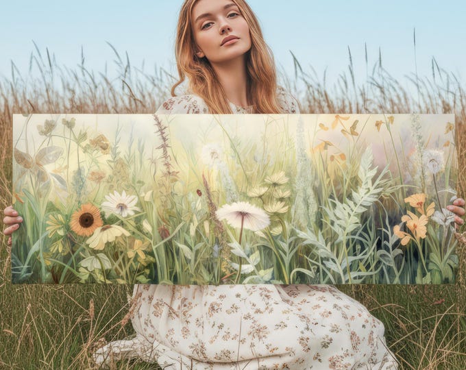 Floral Meadow Panoramic Canvas – Large Ready to Hang Wall Art Print