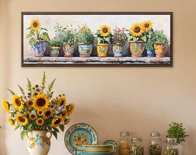 Sunflower in Pots Canvas Print: Cottagecore Kitchen Wall Art