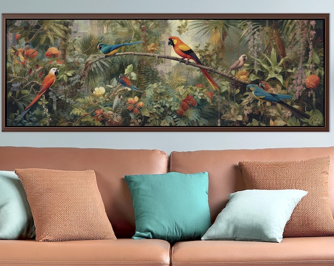 Tropical Birds of Paradise Canvas Art Print - Framed Rainforest Parrot Wall Decor