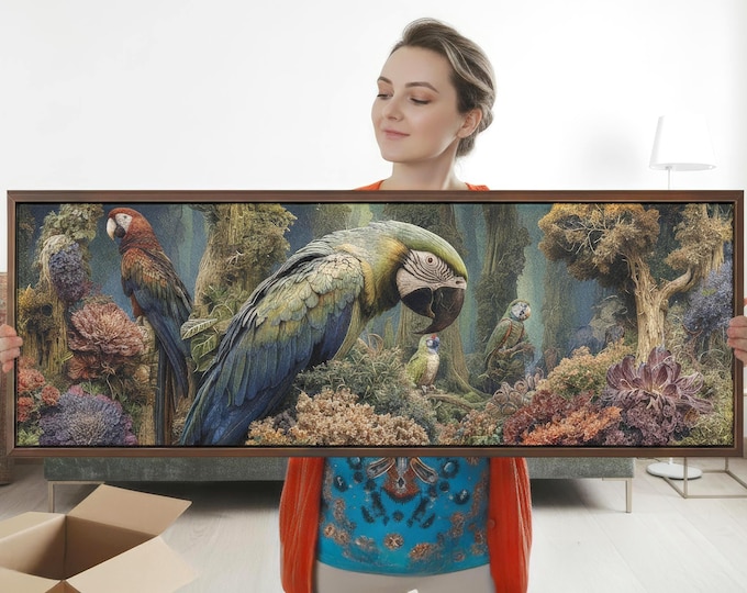 Tropical Parrots in Fantasy Jungle – Panoramic Wall Art of Exotic Macaws