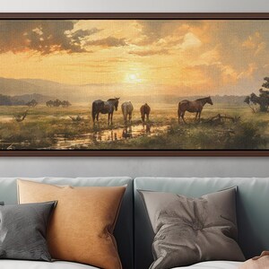 Sunset Meadow Horses Canvas Print: Large Panoramic Landscape Art