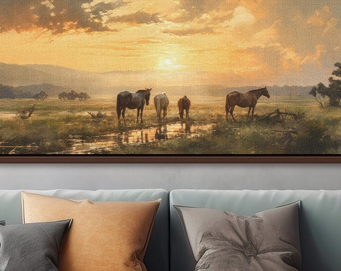 Sunset Meadow Horses Canvas Print: Large Panoramic Landscape Art