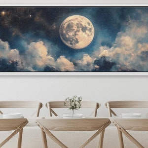 Giant Moon Night Landscape Canvas Art: Starry Night Sky with Delicate Clouds