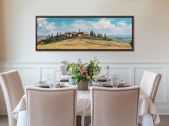 Italian Landscape Canvas Print: Sunlit Tuscan Town with Olive Trees & Cypresses