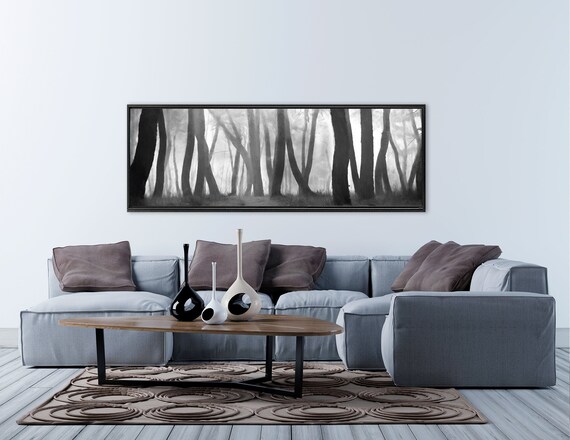 Black And White Watercolor Forest Landscape - Ready To Hang Large Minimalist Gallery Wrap Canvas Wall Art Prints With Or Without Float Frame