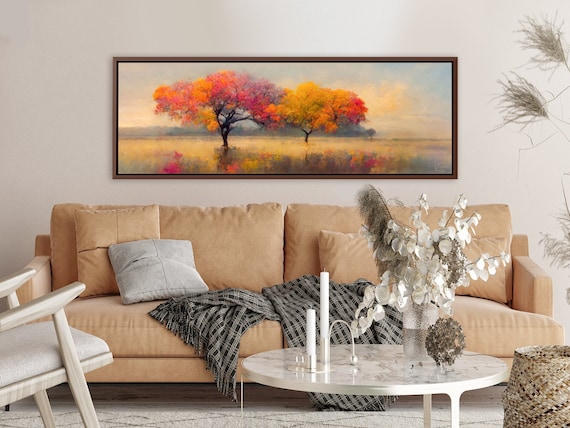 Fall Lone Trees Art, Oil Landscape Painting On Canvas By Mela - Large Gallery Wrapped Canvas Wall Art Prints With Or Without Floating Frames