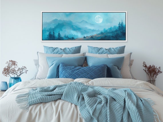 Moon Over Foggy Blue Mountain: Moody Wall Art For Above Bed Decor. Dark Cottagecore Forest Oil Paining On Canvas, Celestial Framed Art Print