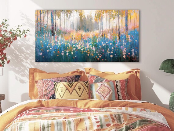 Extra Large Wildflower Meadow Wall Art – Colorful Floral Canvas Print, Cottagecore Decor Art, Pointillism Inspired, Above Bed Boho Wall Art
