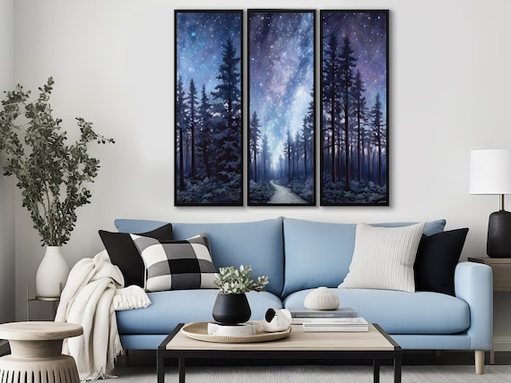 Set Of 3 Wall Arts of Starry Night Above Pine Forest, Framed Art, Landscape Oil Paintings Printed on Canvas With or Without Floating Frames.